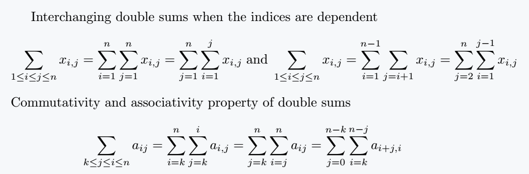 Commutativity and associativity property of double sums in latex.