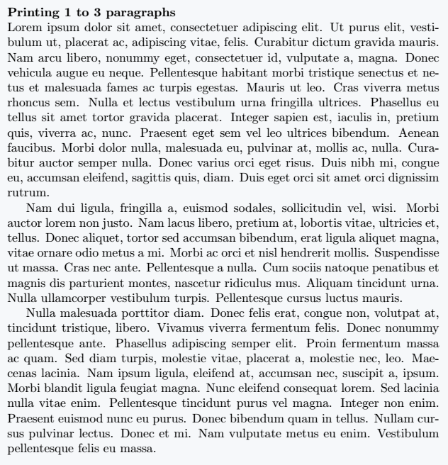 printing multiple paragraphs by lipsum in latex.