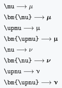 How do you make mu(μ) and nu(ν) symbol in LaTeX?