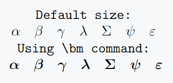 Use bm package for bold greek letters in latex.