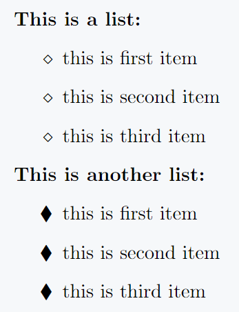 Use diamond symbol in bulleted lists in latex.