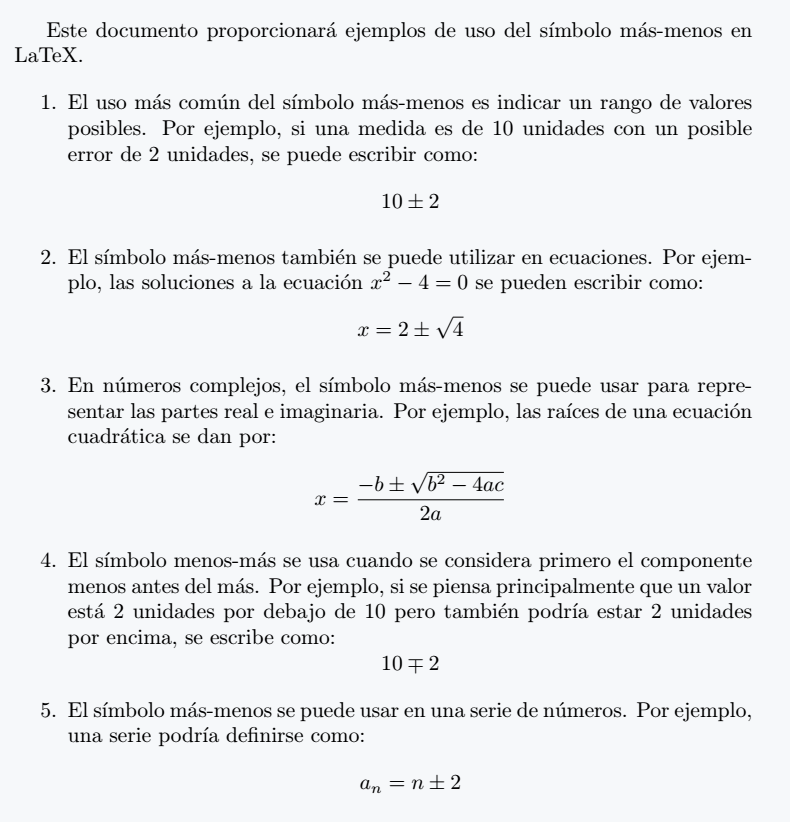 Esta foto representa el uso del símbolo más menos en látex.