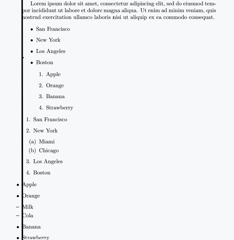 By passing various values into leftmargin option, the left margin is set before list as desired.