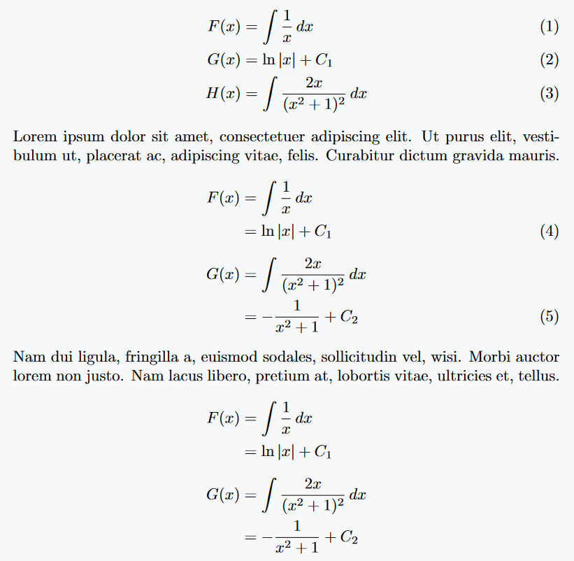 Shown is the use of align environment for multi line or multiple equations.