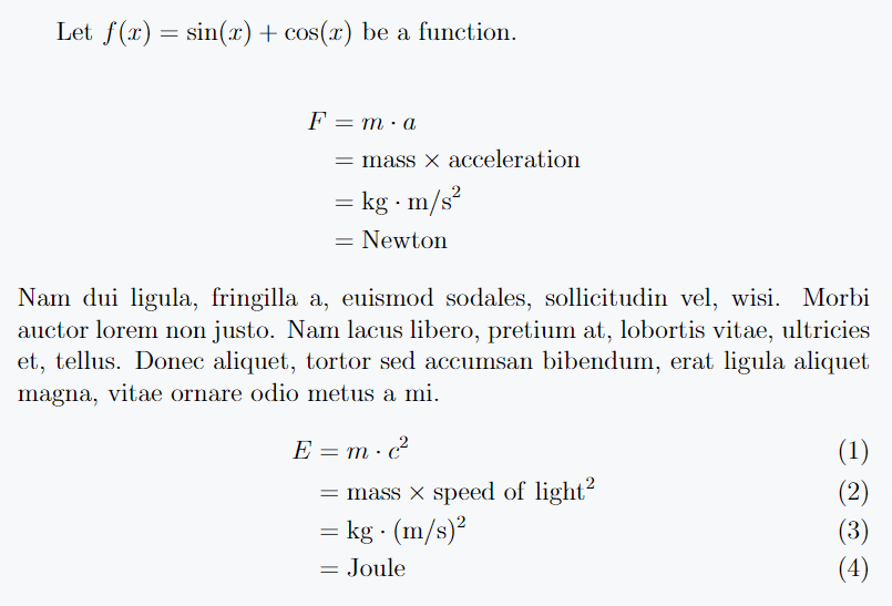 Text can be used in equations with the mathrm command. And you can define math functions with it.