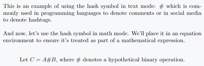 In this image, the \# command is used in both text and math modes.