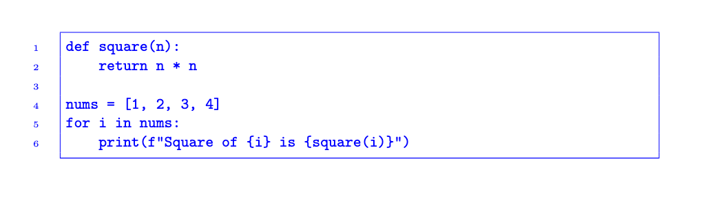 Fancyvrb code block with frame, numbers, and red text