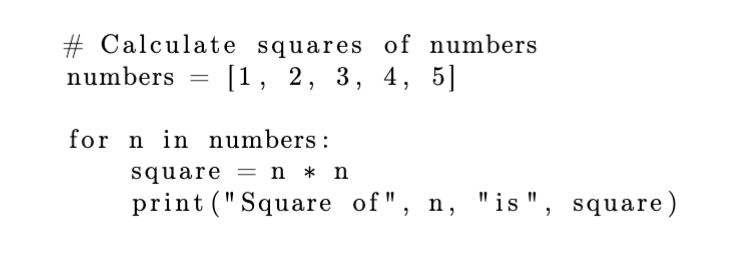 Basic LaTeX code listing example using listings package without caption